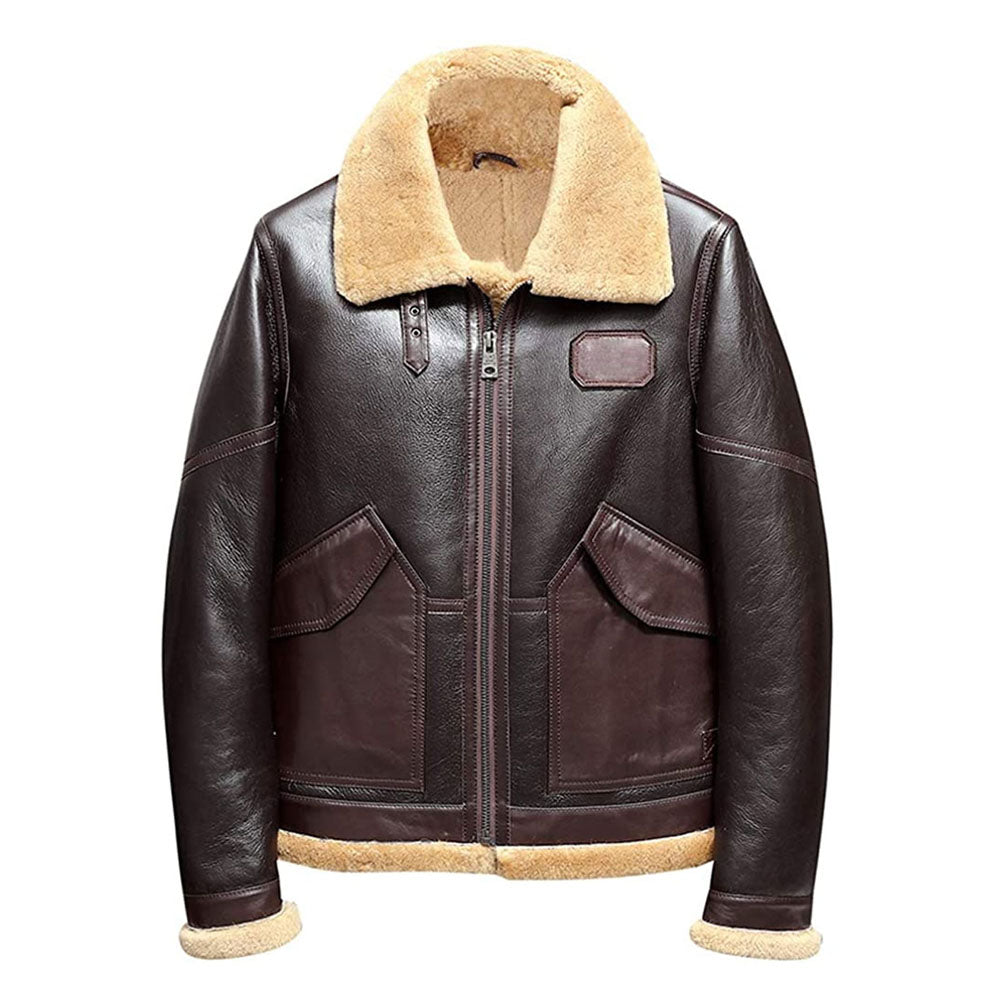 Front display of men's dark espresso lambskin shearling flight coat featuring honey-tan fur lapel and angled cargo pockets.