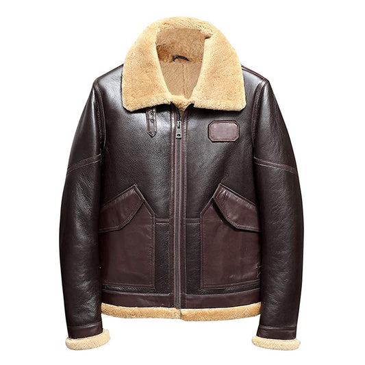 Front display of men's dark espresso lambskin shearling flight coat featuring honey-tan fur lapel and angled cargo pockets.