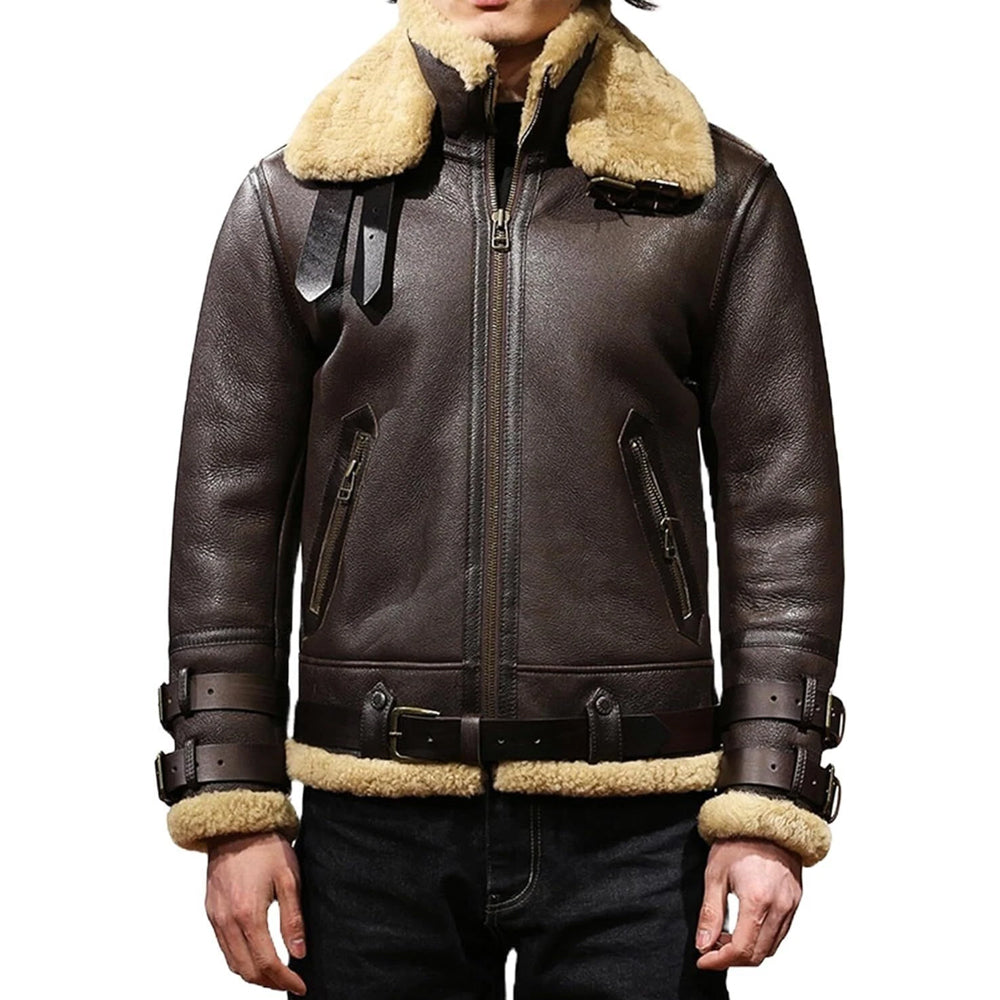 Front view of model wearing men's dark espresso RAF B3 flying shearling bomber jacket with honey-beige fur collar