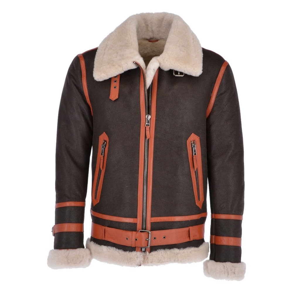 Front view of men's dark nubuck B-3 shearling jacket showing light brown contrast leather piping, full waist belt, and beige wool collar