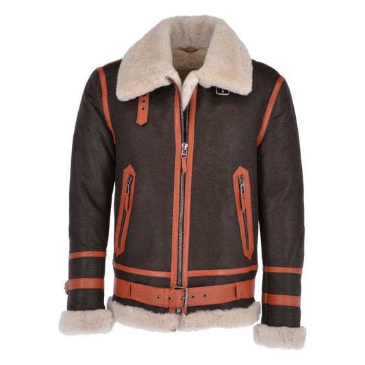 Front view of men's dark nubuck B-3 shearling jacket showing light brown contrast leather piping, full waist belt, and beige wool collar