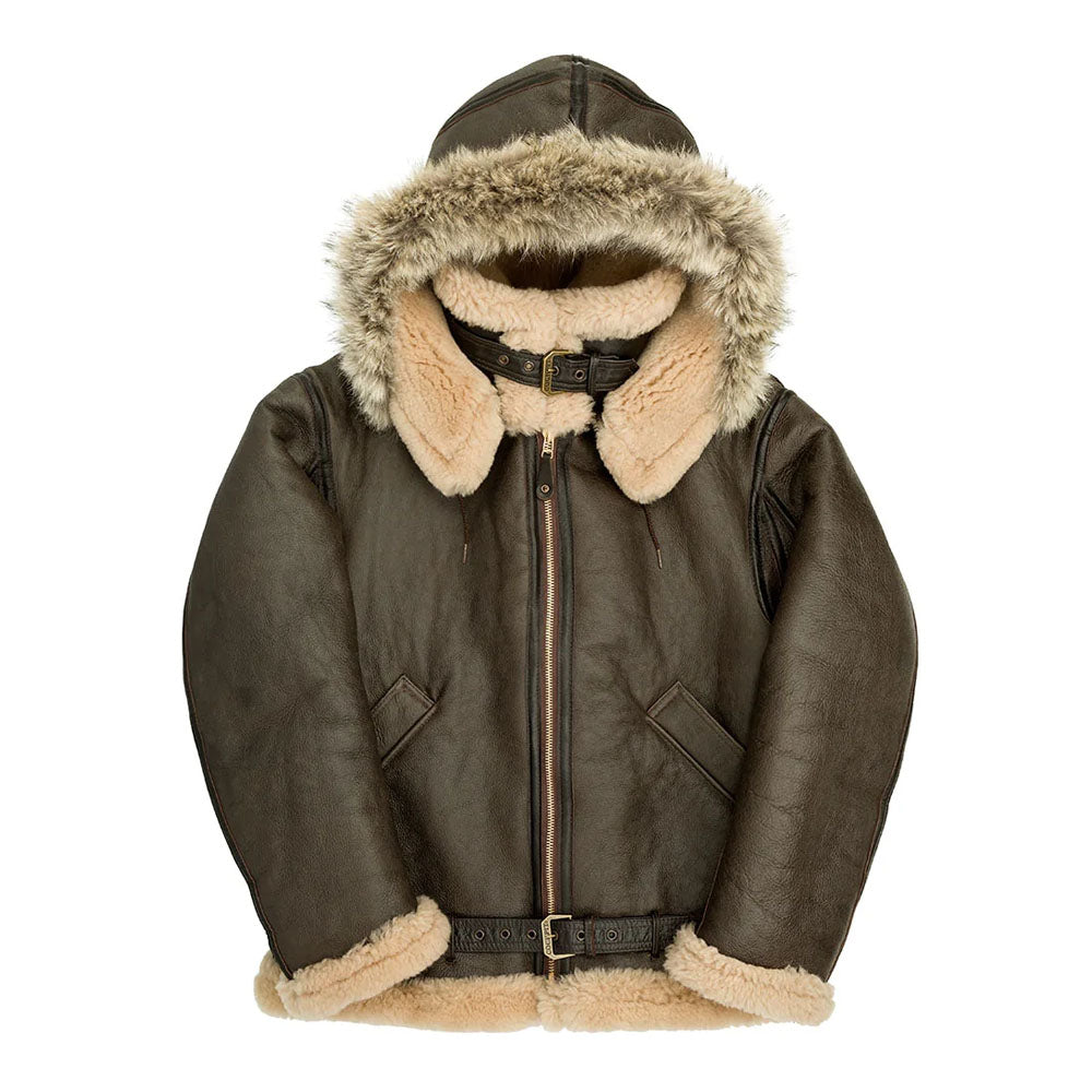 Front view of men's detachable hood B-3 shearling flight coat in dark brown matte leather with cream wool lapels.