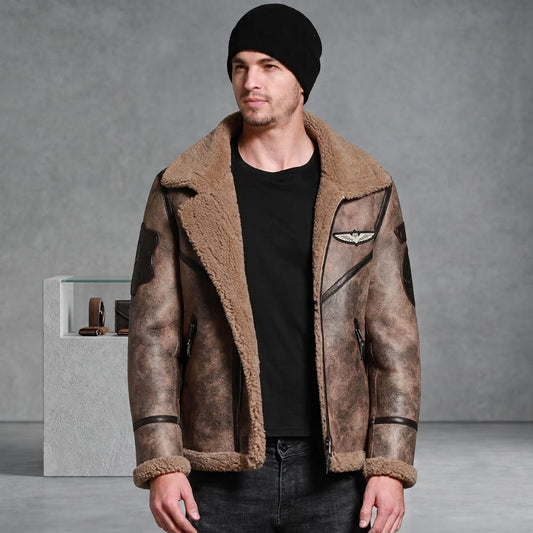 Men's Distressed Waxed B-3 Flyer's Jacket Front View with Military Patches