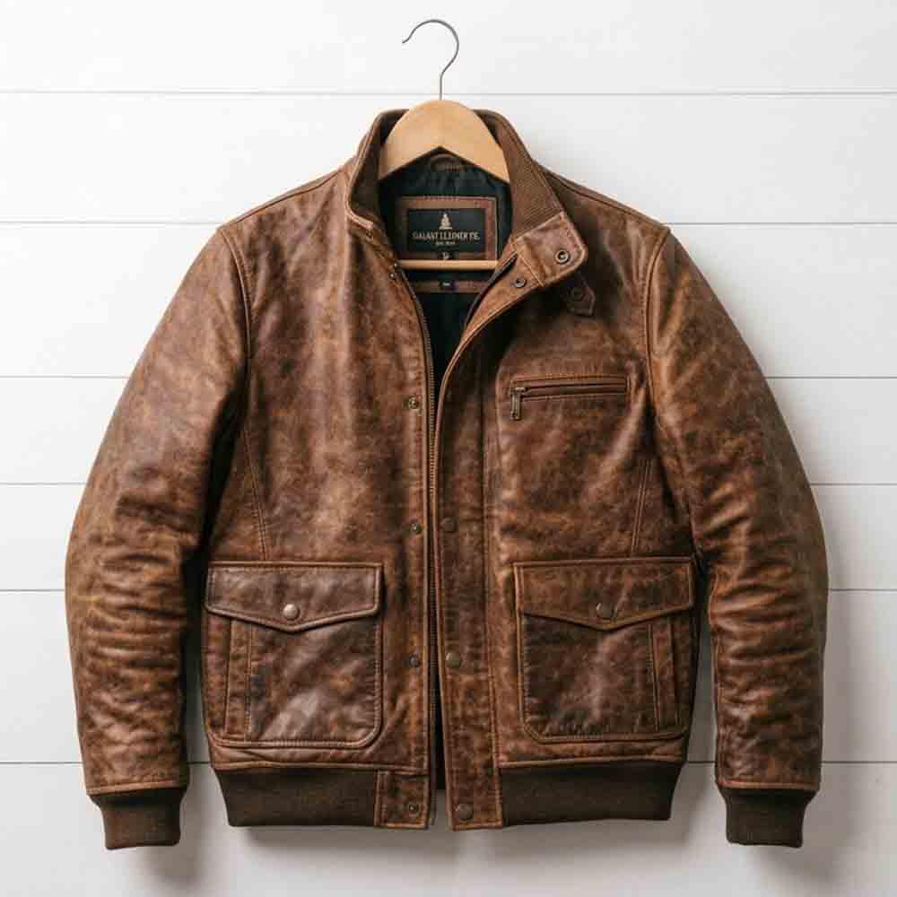 Front view of men's distressed brown bomber leather jacket featuring flap pockets and chest zipper pocket