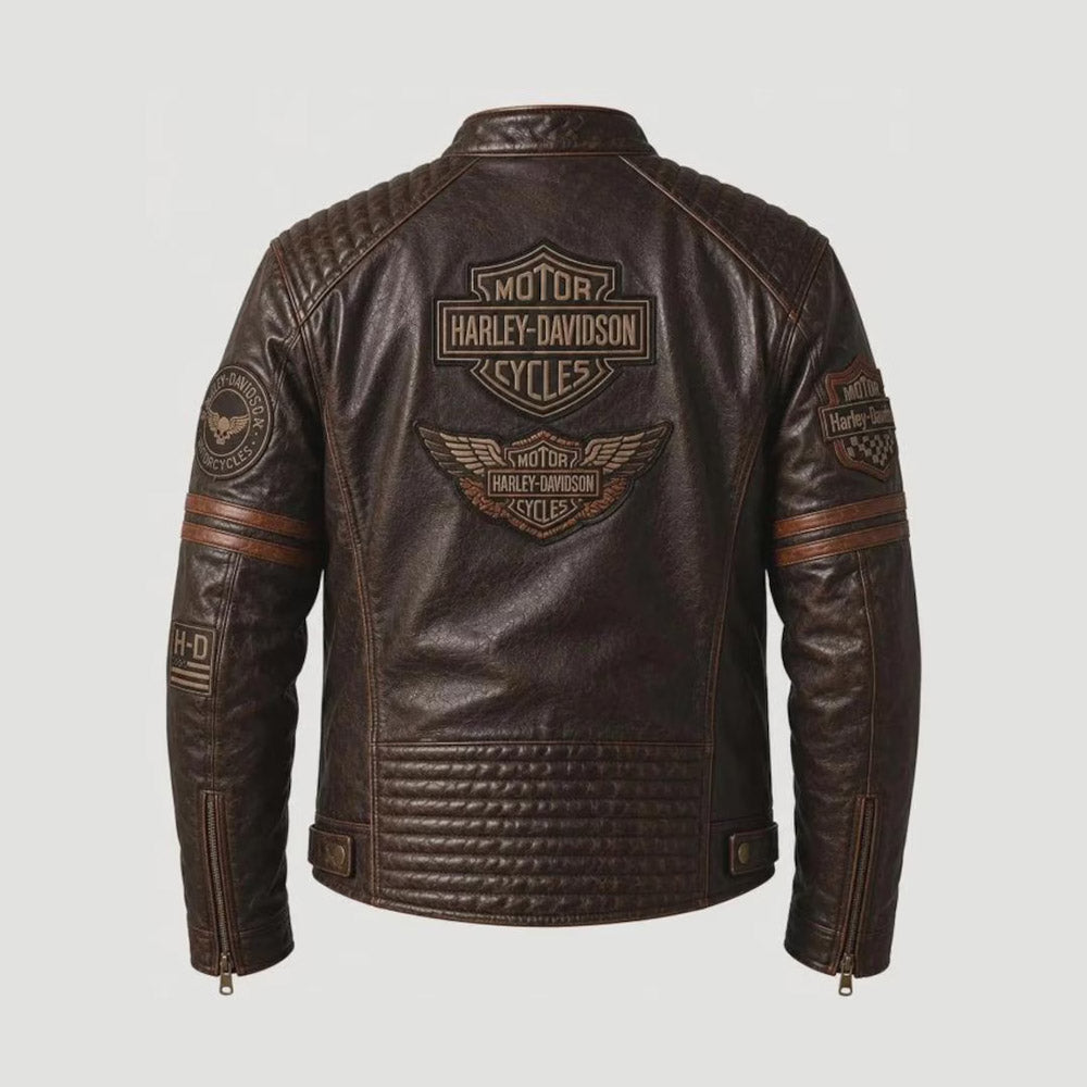 Back view of distressed brown Harley-Davidson leather jacket with Bar and Shield patch