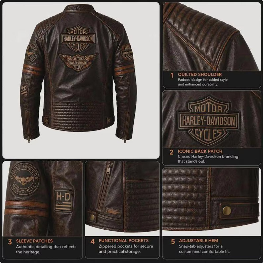 Close-up details of quilted shoulders, back patch, and pockets on Harley-Davidson leather jacket