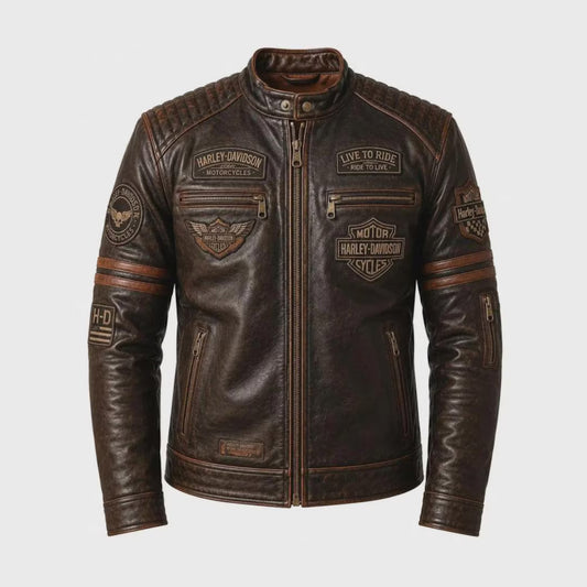 Front view of men's distressed brown leather Harley-Davidson jacket with Live to Ride patch