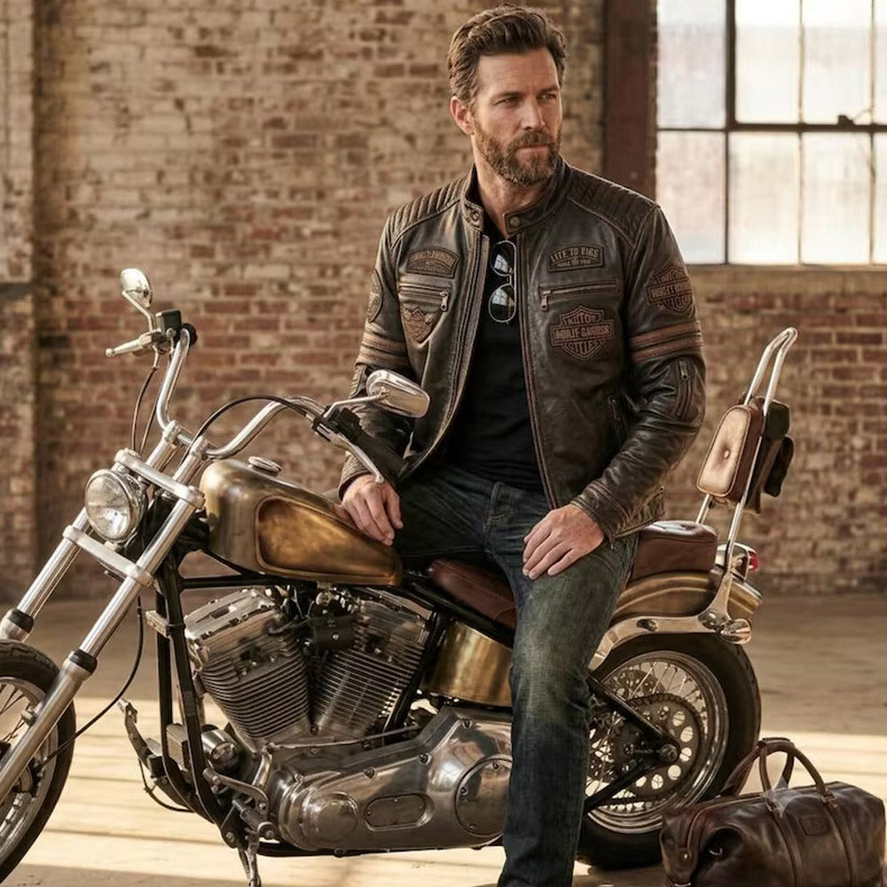 Man wearing distressed brown Harley-Davidson leather jacket seated on a classic motorcycle