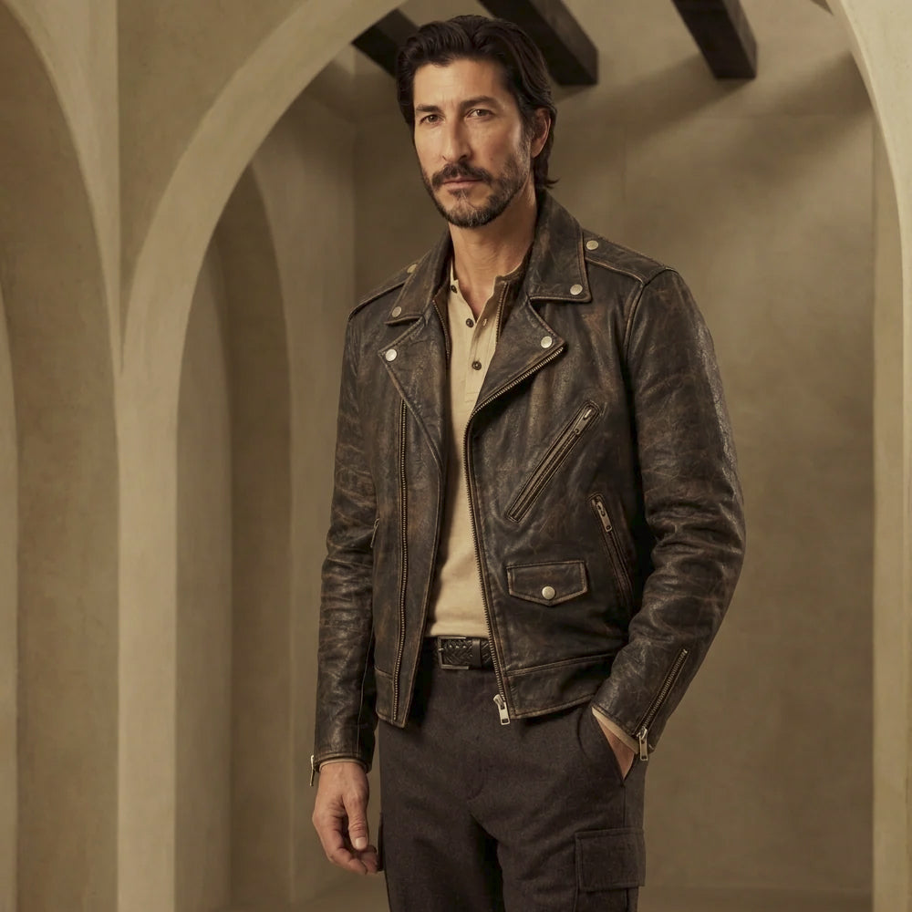 Three-quarter model view of men’s distressed cowhide biker jacket showing snap-down lapels, shoulder epaulettes and antique hardware