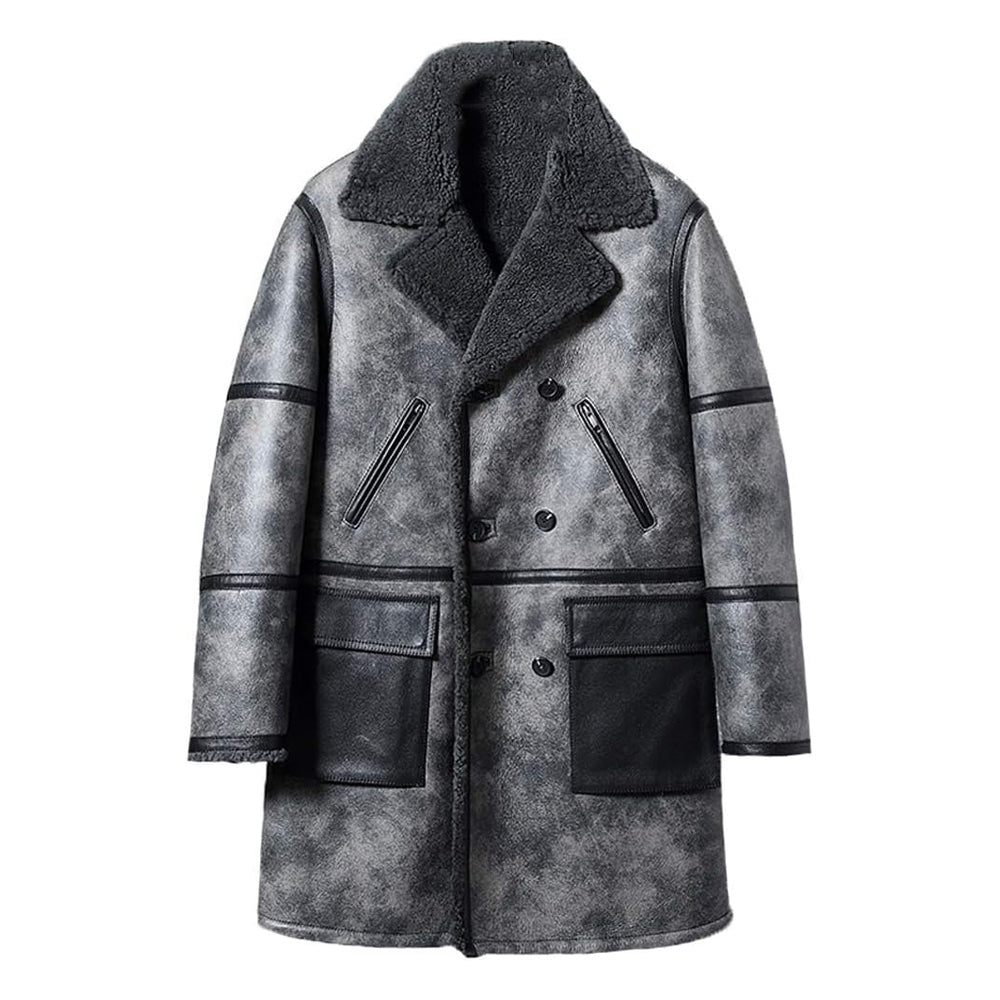 Distressed grey double-breasted shearling coat flat front product view