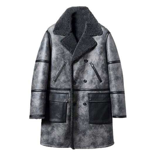 Distressed grey double-breasted shearling coat flat front product view