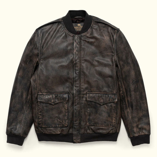 Front closed view of men's distressed cowhide leather bomber jacket