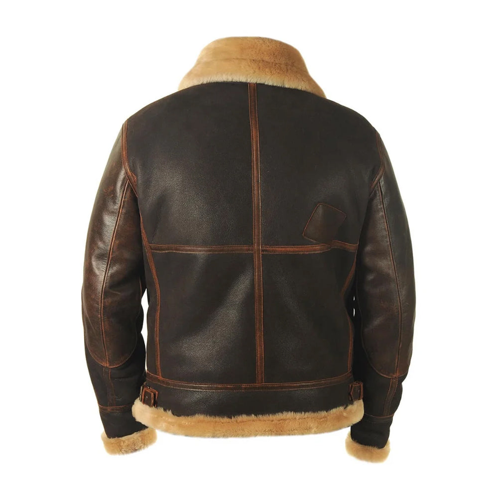 Back view of men's distressed leather flight jacket featuring multi-panel construction and waist roller buckles