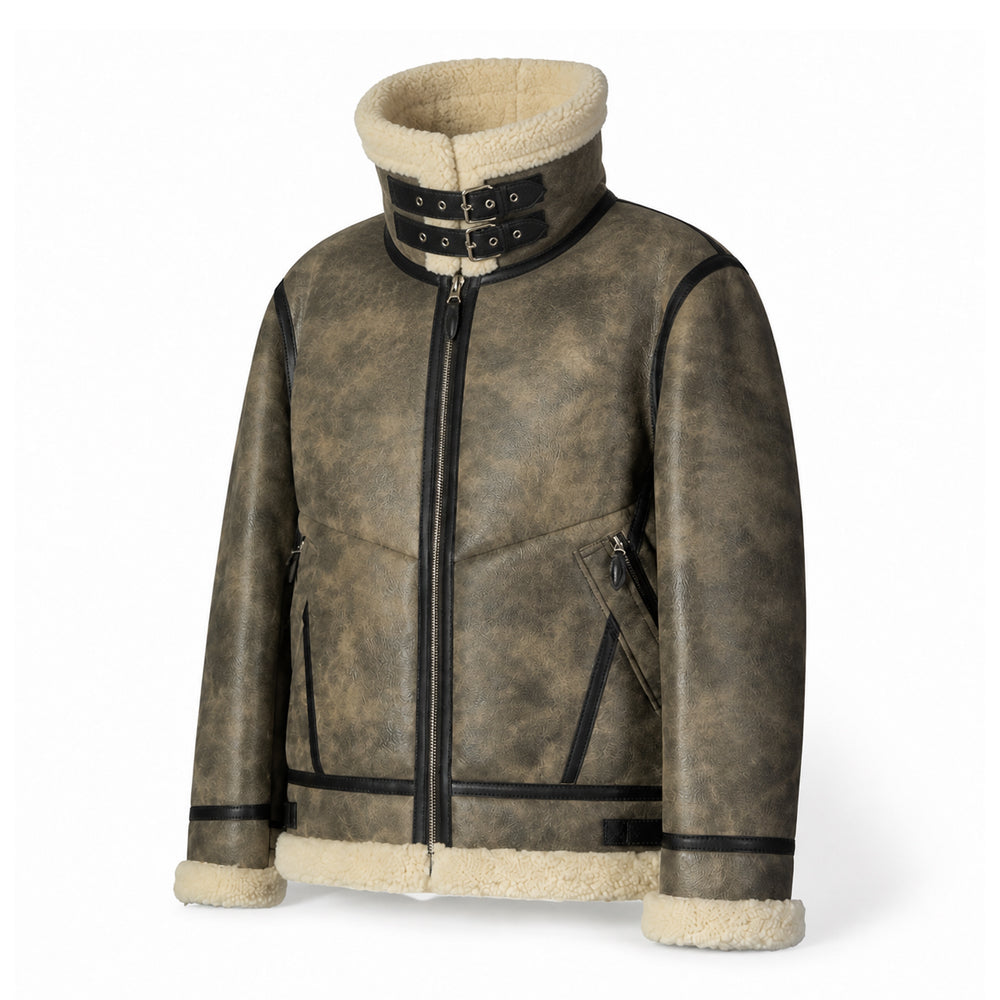 Men’s distressed shearling bomber jacket with raised off-white collar, dual throat buckles and angled zip pockets