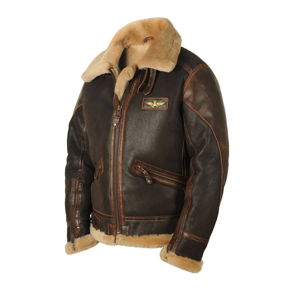Angled front view of men's antiqued brown distressed sheepskin flight coat with gold aviator wing patch