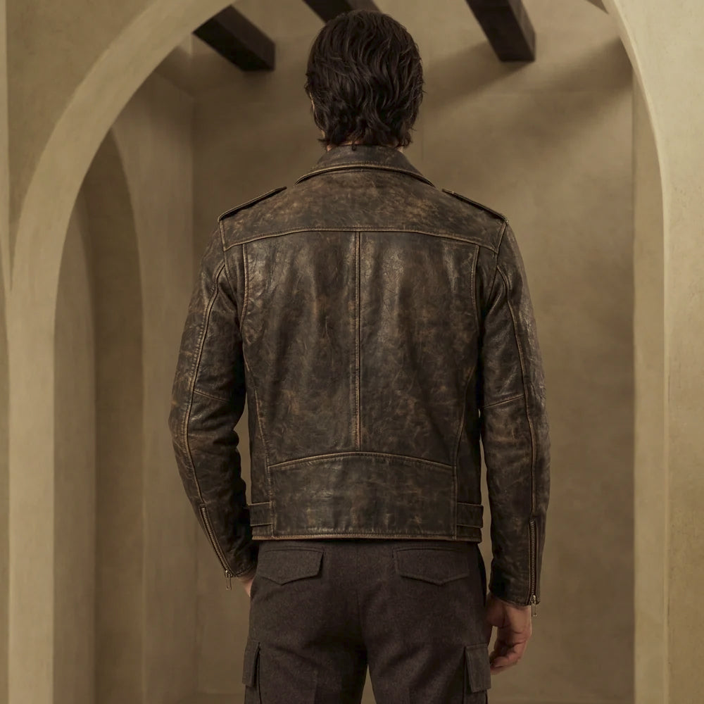 Rear view of men’s double-rider jacket showing broad shoulder yoke, center-back seam, lower leather panel and clean logo-free finish
