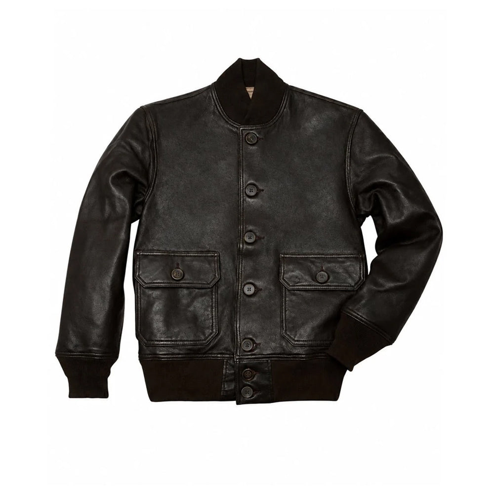 Front flat lay of men’s espresso A-1 lambskin bomber jacket with seven buttons, rib-knit collar, cuffs and flap patch pockets.