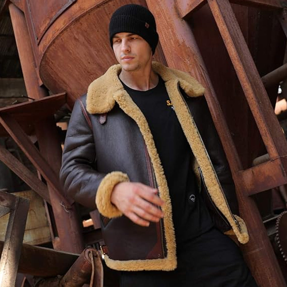 Men's Espresso Brown B-3 Bomber Jacket with Rust Piping Front View
