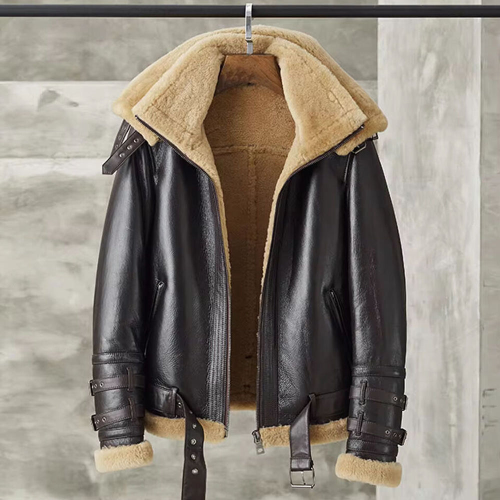Front hanging view of men's espresso brown belted B3 aviator shearling jacket with honey beige fur collar