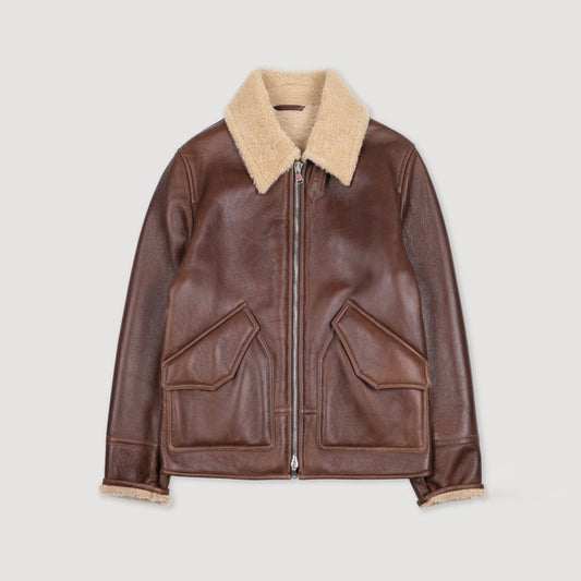 Men's espresso brown double-face sheepskin aviator flight jacket with cream shearling wool collar and two-way zipper