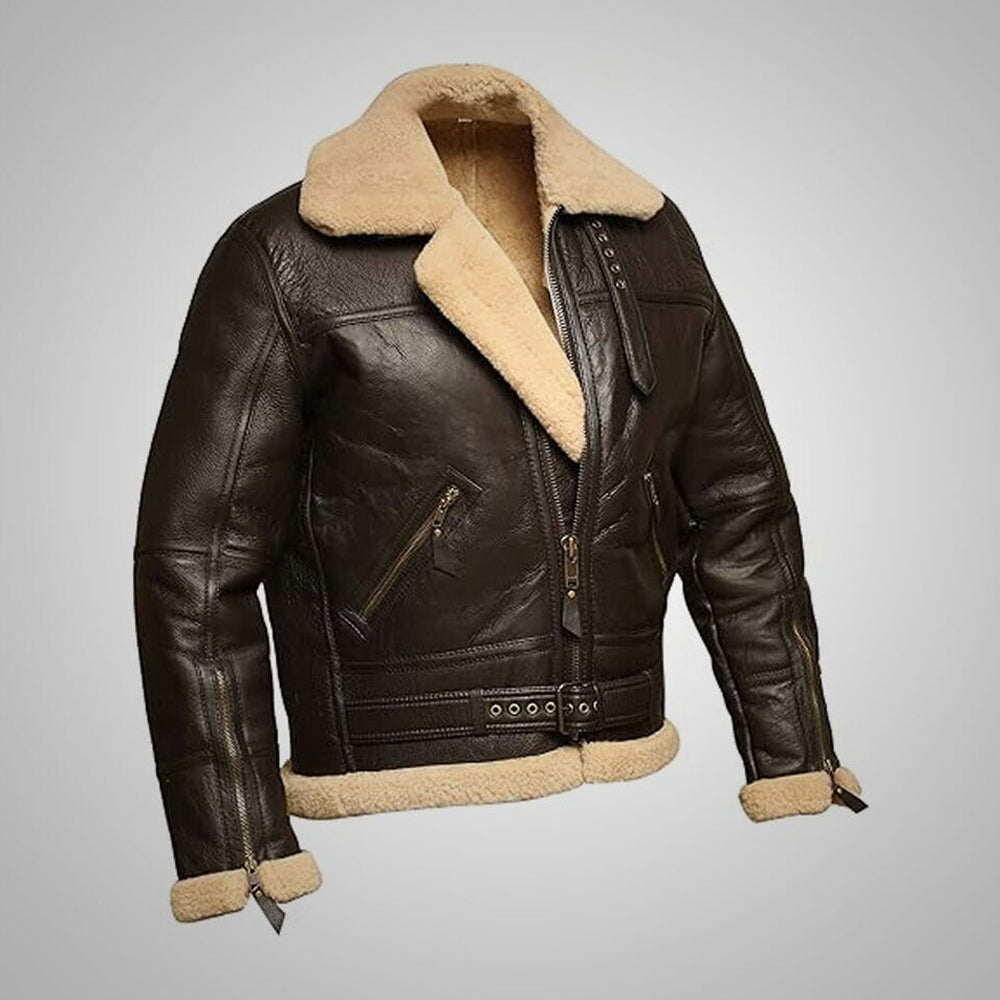 Angled front view of men's espresso brown RAF B3 flight coat displaying zipper cuffs and built-in waist belt