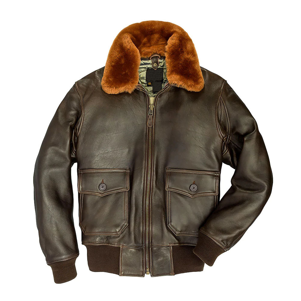 Front flat lay view of men's espresso G-1 leather flight jacket with honey-brown shearling fur collar and button patch pockets.