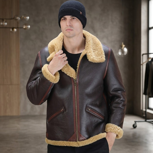 Close-Up of Men's Espresso Leather Jacket Shearling Collar Detail
