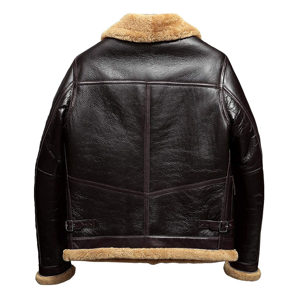 Rear profile of men's dark espresso leather shearling coat displaying multi-panel back seams and waist cinch buckles.