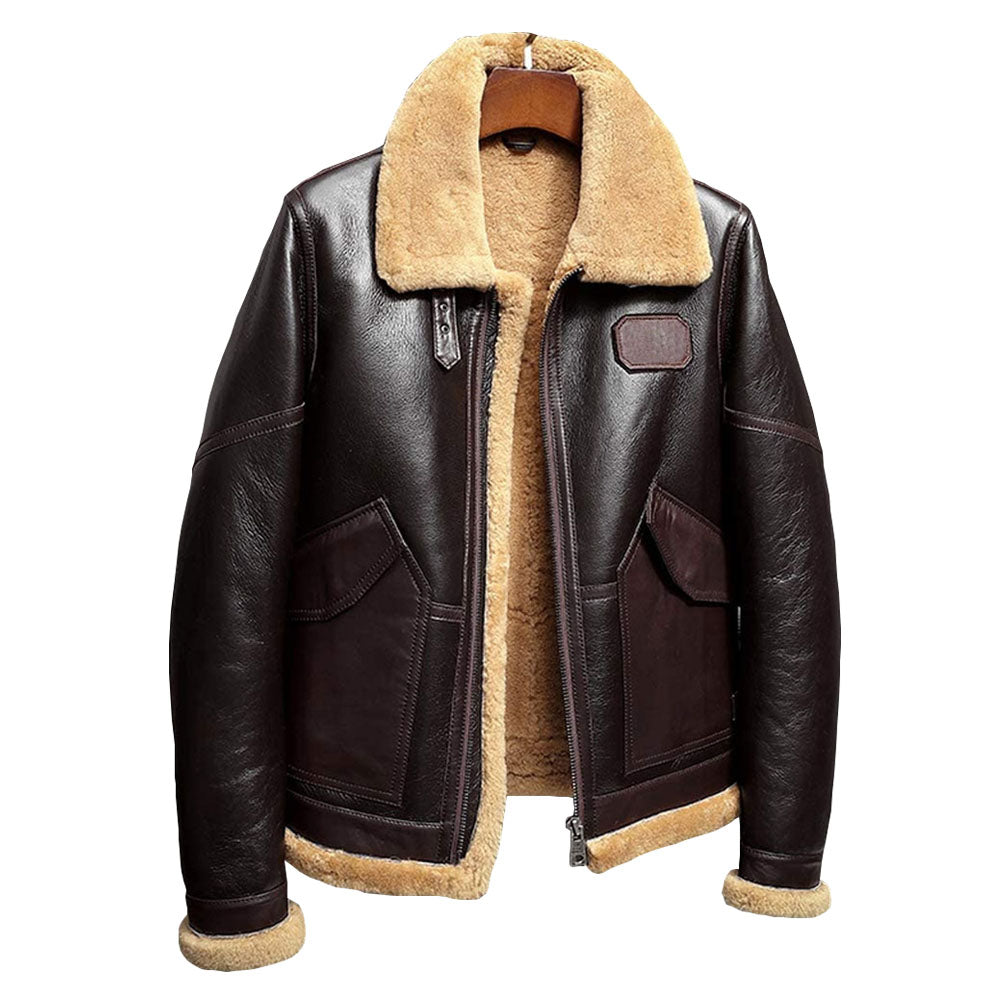 Three-quarter view of men's espresso brown lambskin aviator jacket unzipped showing plush honey-tan wool interior.