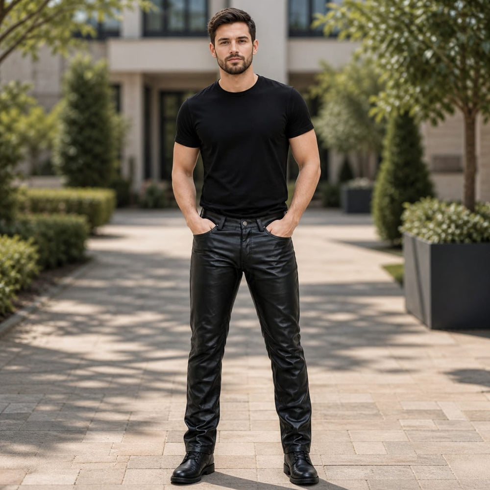 Model wearing slim fit black leather motorcycle fashion trousers with a black tee.