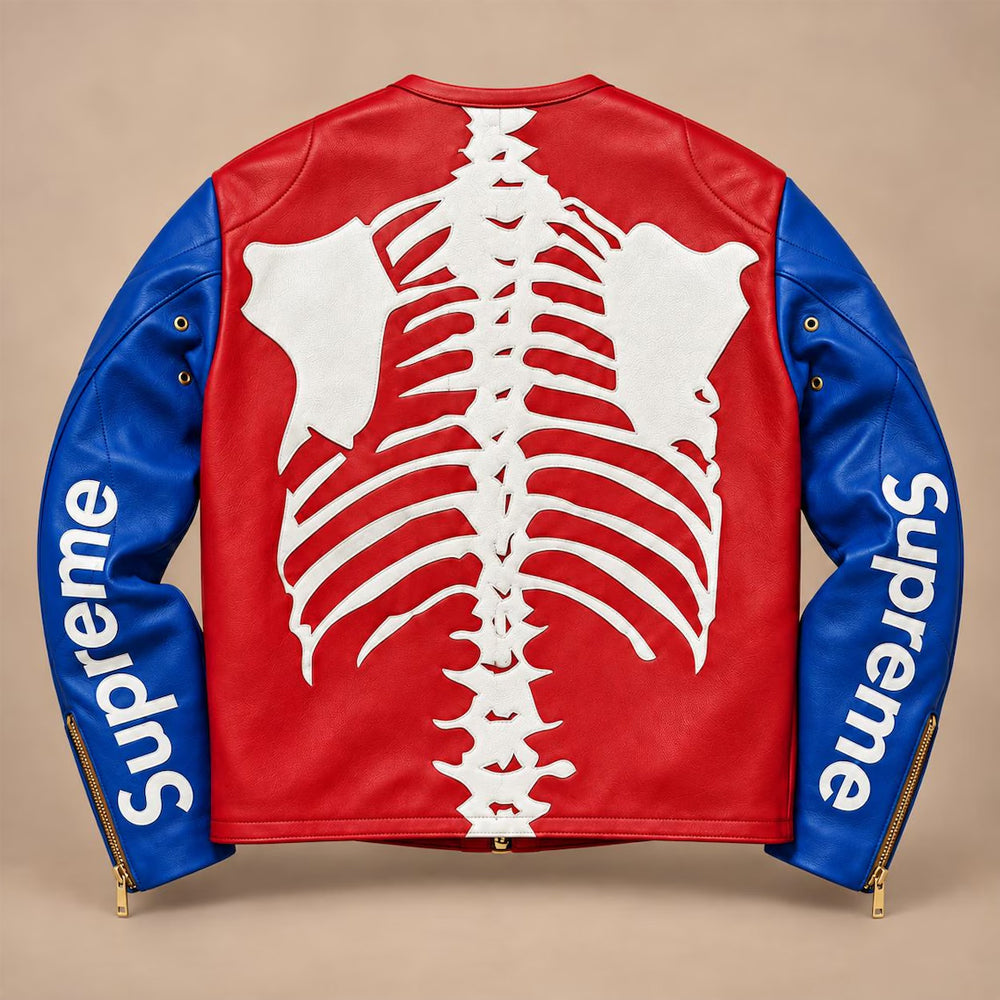 Back view of men’s skeleton leather jacket with white scapulae, ribs, spine and vertical Supreme sleeve lettering