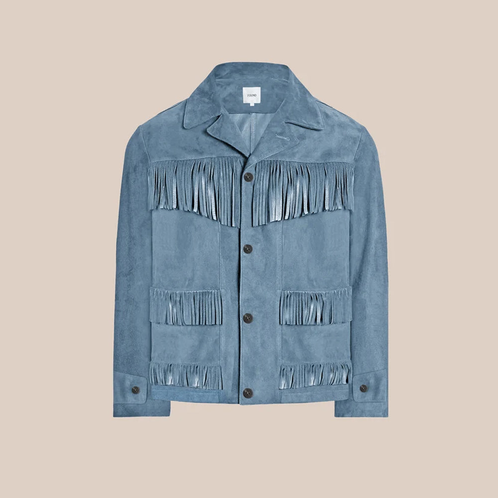 Product front of men’s full-grain suede ranch jacket with tortoise-style buttons