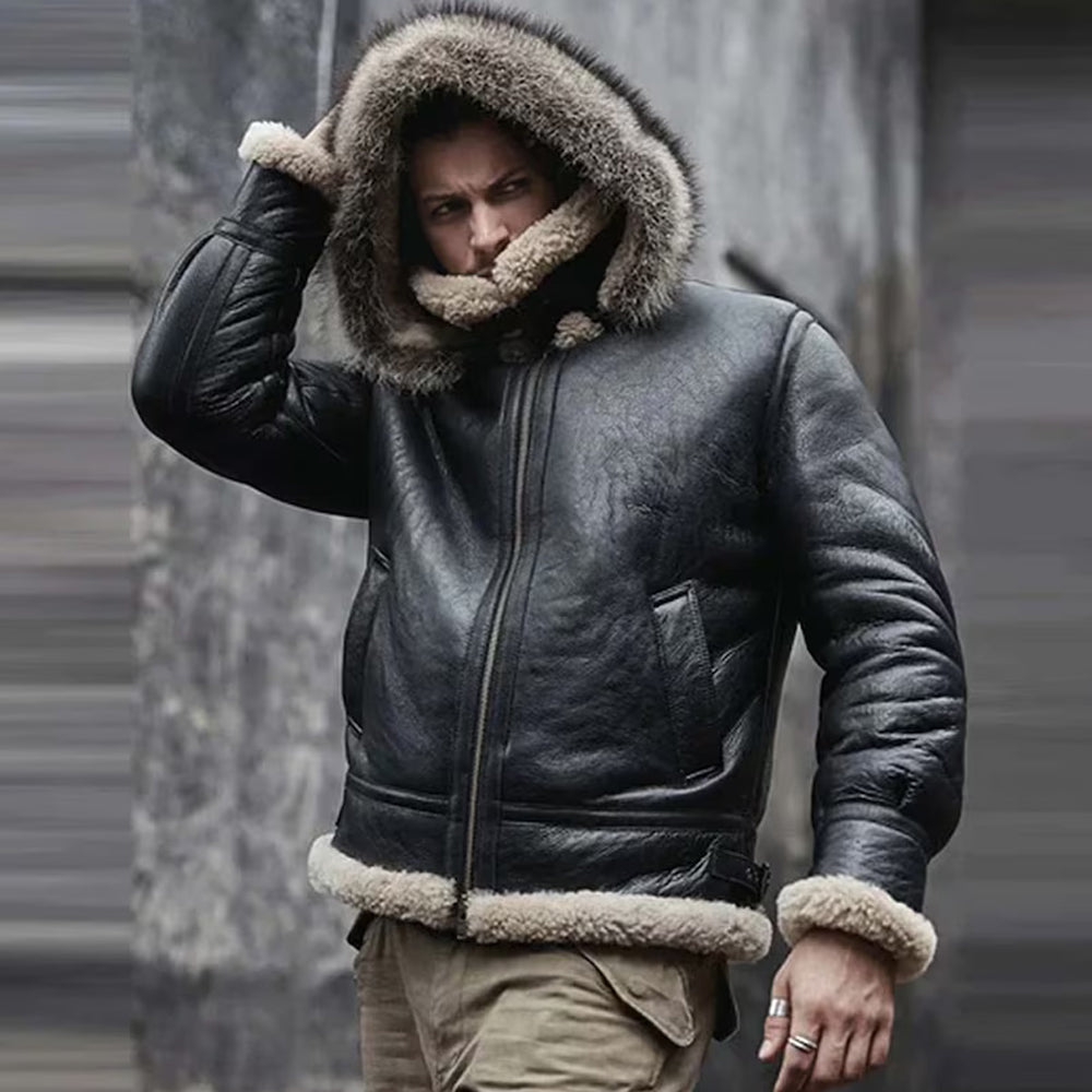 Men's Fur-Trim Hooded Flight Jacket Worn on City Street