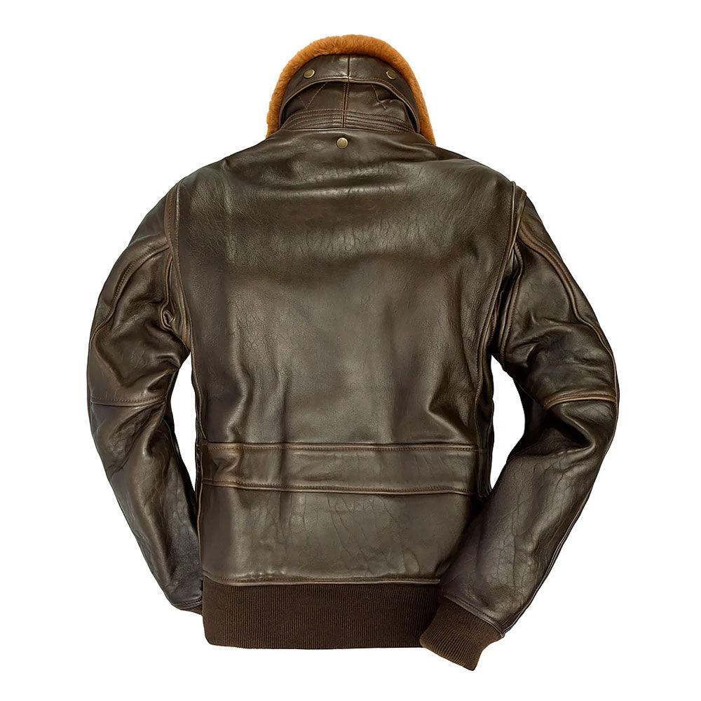 Rear flat lay view of men's G-1 aviator leather jacket showing bi-swing action back and snap collar throat tab.