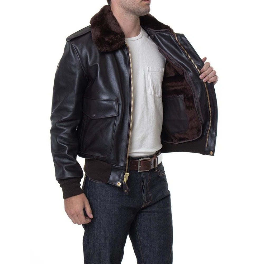 On-model view showing open interior of men's G-1 flight jacket with removable thermal liner and dark brown fur collar.