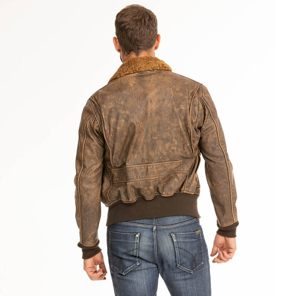 Rear on-model view of men's G-1 leather bomber jacket demonstrating bi-swing back flexibility.