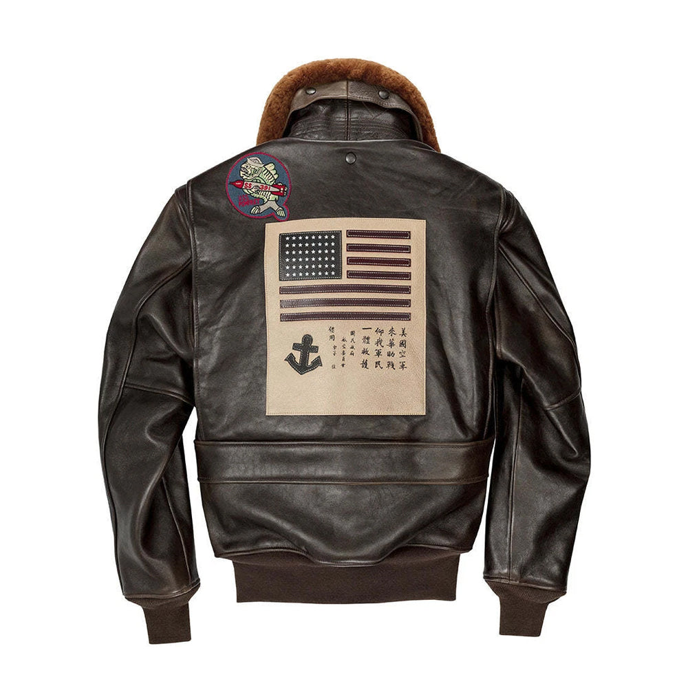Back profile of men's G-1 Top Gun pilot bomber displaying large American flag Blood Chit rescue patch.