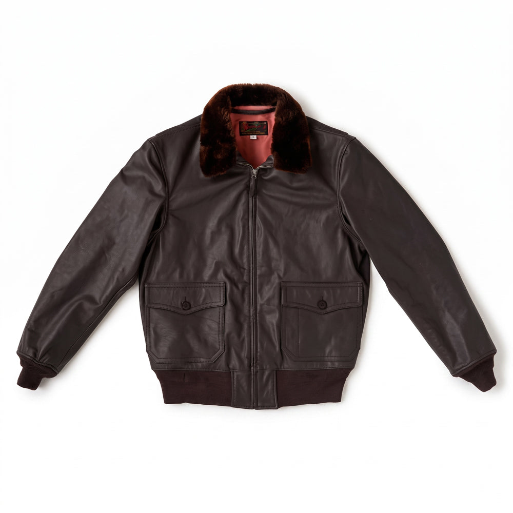 Front flat lay view of men's G-2 US Navy dark brown leather flight bomber jacket featuring genuine shearling collar and dual cargo pockets.