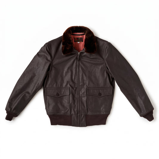 Front flat lay view of men's G-2 US Navy dark brown leather flight bomber jacket featuring genuine shearling collar and dual cargo pockets.