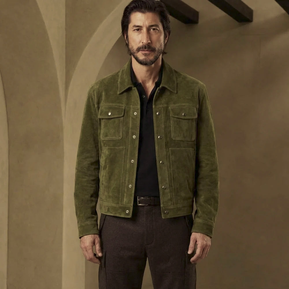 Full front view of men’s goat suede workwear jacket with six-snap placket, shirt collar and structured hem band.