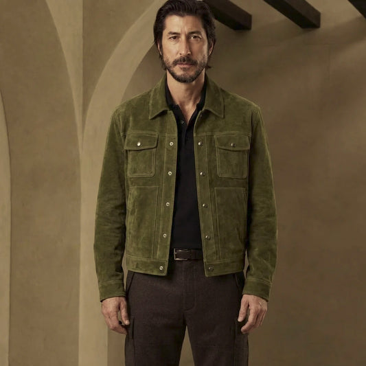 Full front view of men’s goat suede workwear jacket with six-snap placket, shirt collar and structured hem band.