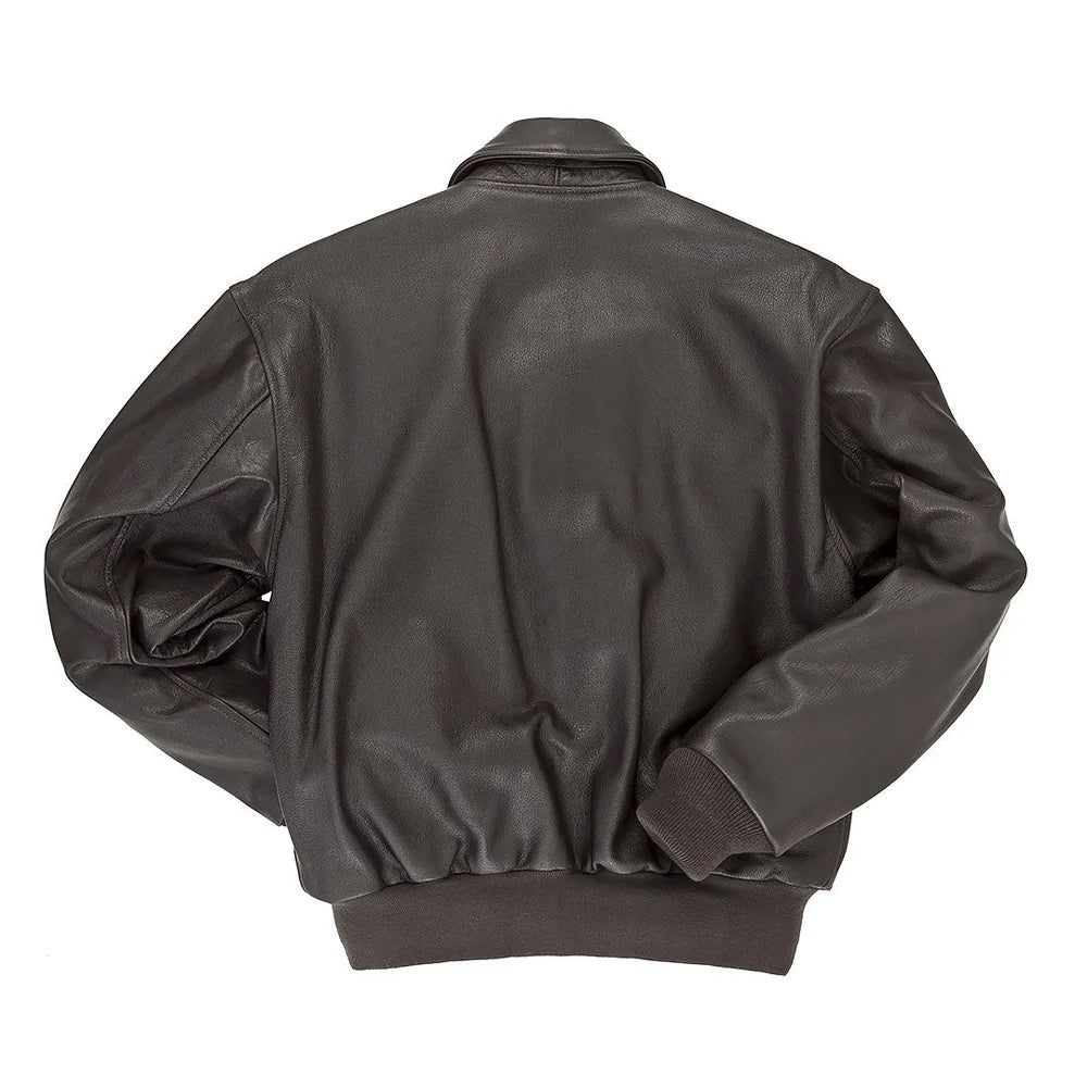 Rear flat lay view of men's goatskin A-2 bomber jacket displaying single-piece back torso construction.