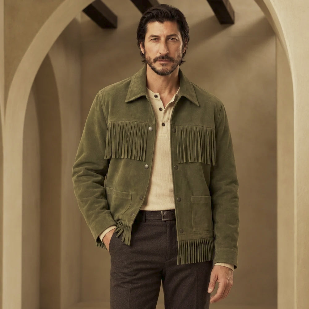 Front view of men's green Western fringe jacket showing the spread collar, pewter-tone snaps and olive suede nap.