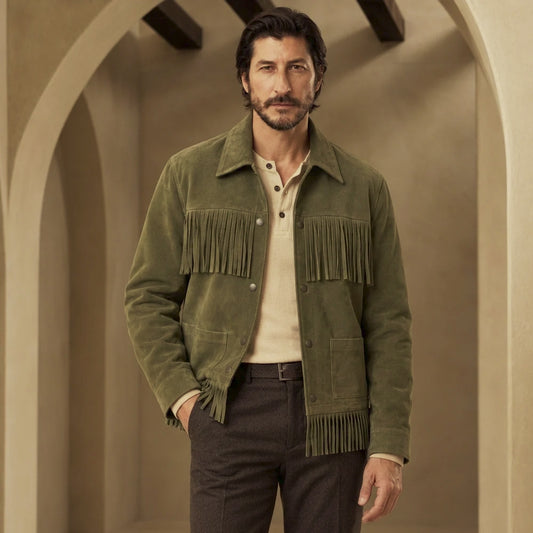 Front view of men's green Western fringe jacket showing the spread collar, pewter-tone snaps and olive suede nap.