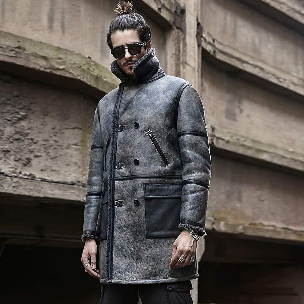 Man wearing charcoal grey leather coat showing chest pocket and collar detail