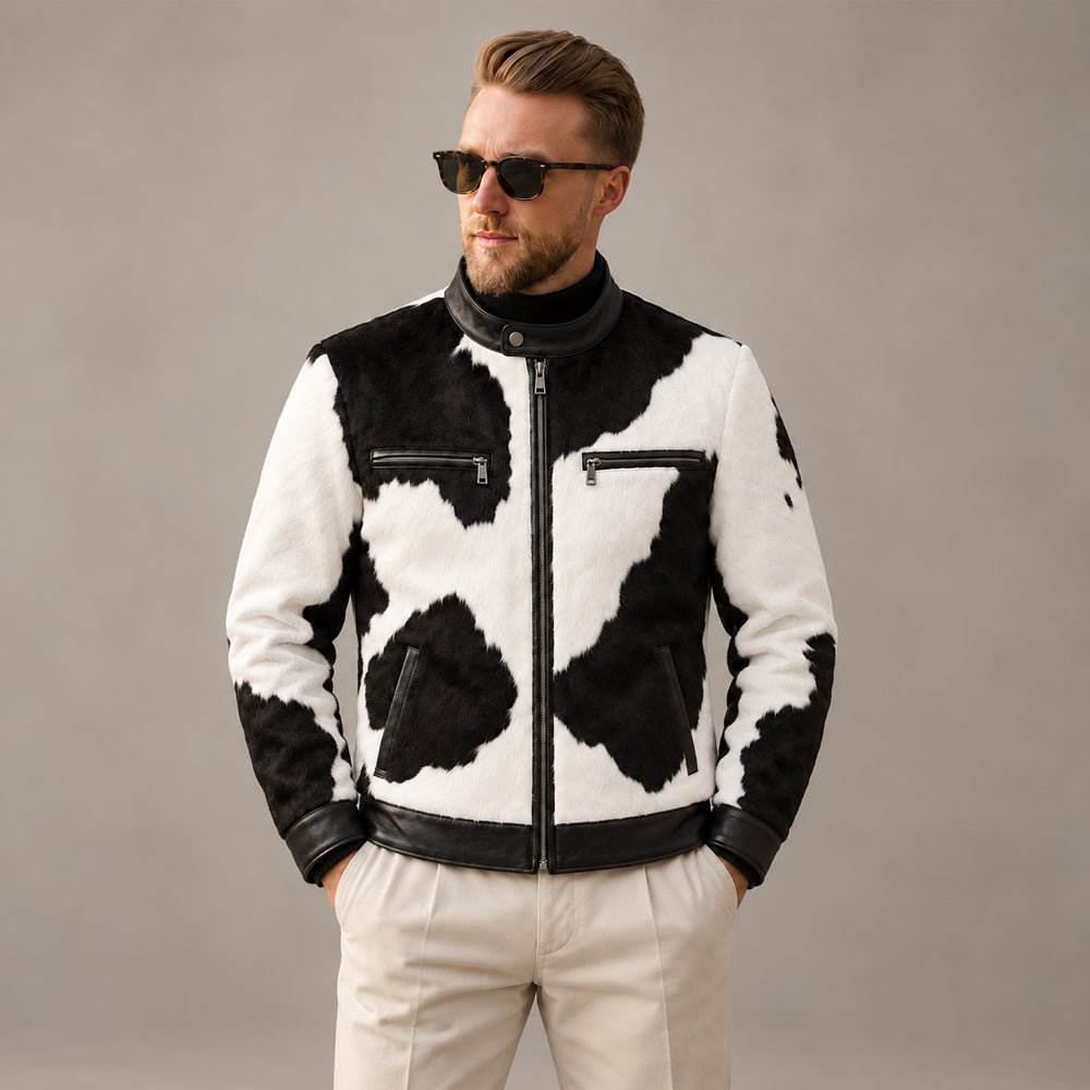 Model wearing a men’s hair-on cowhide cafe racer jacket with zip chest pockets and snap collar