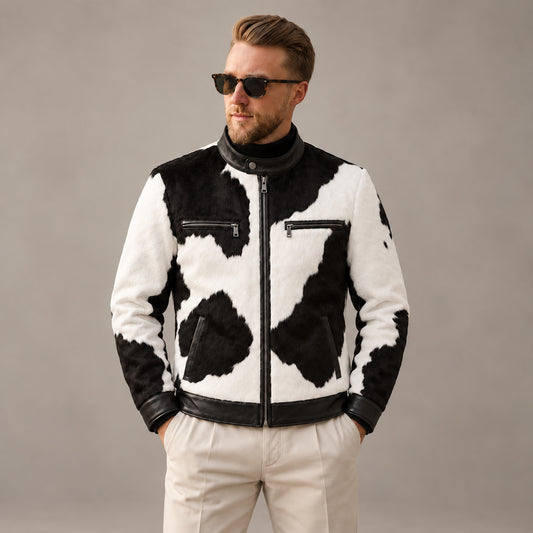 Model wearing a men’s hair-on cowhide cafe racer jacket with zip chest pockets and snap collar