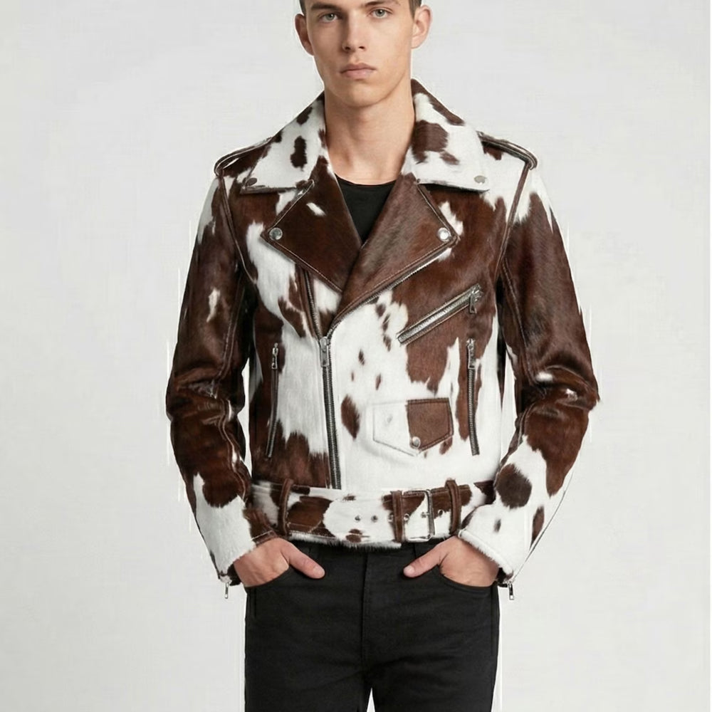 Men’s brown and cream hair-on cowhide double rider jacket with asymmetrical zipper and fixed belt