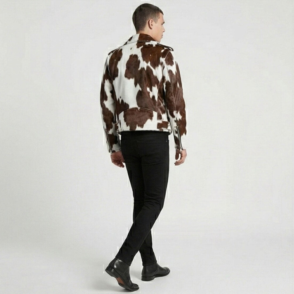 Full back view of men’s hair-on cowhide moto jacket with natural hide panels and waist band