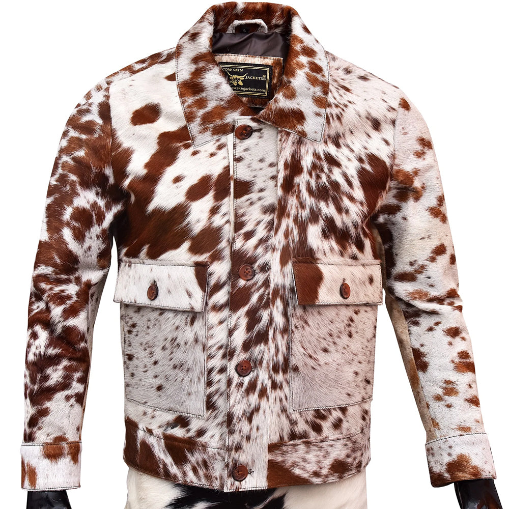 Product front of men’s hair-on-hide chore jacket with five-button closure, point collar and oversized pockets